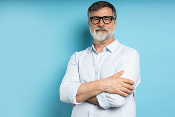 Sticker - Bearded middle-aged man wearing glasses posing over blue studio background