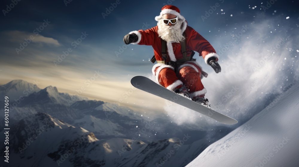 Santa Claus on snowboard in mountains. Santa Claus on vacation. Surfing Santa. Santa goes snowboarding.