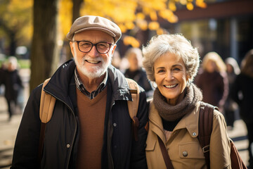 Group of elderly people walking on city street in travel tour