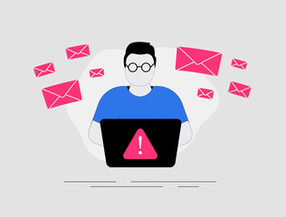 Wall Mural - character overwhelmed by irrelevant spam emails, unwanted notifications and promotional messages. co