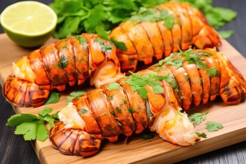 Wall Mural - lobster tails alongside fresh herbs