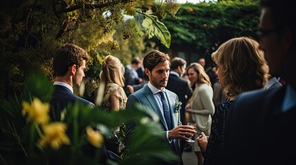 Wall Mural - Elegant outdoor event with guests socializing, man in focus holding a drink.