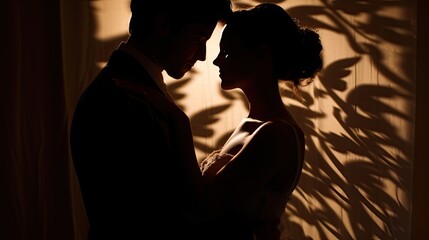 Wall Mural - Silhouette of a bride and groom.