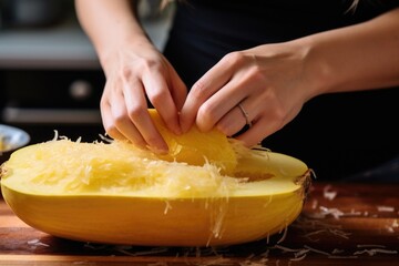 Wall Mural - adult peeling the skin off a cooked spaghetti squash