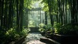 A dense bamboo forest with sunlight filtering through the tall stalks, creating a surreal and calming environment 