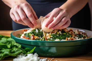 Wall Mural - person adding feta and spinach stuffing into raw chicken