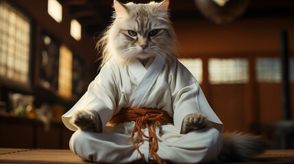 Sticker - Funny cat in white kimono exercising karate.