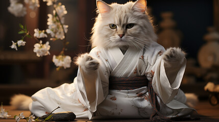 Wall Mural - Funny cat in white kimono exercising karate.