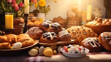 An array of Easter bread and pastries, including hot cross buns and braided loaves, set against a cream-colored background