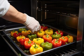 Wall Mural - chef placing finished bell peppers in the oven