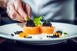 Chef's hands meticulously garnish gourmet dish of salmon rolls topped with caviar on a white plate, capturing art of fine dining and culinary excellence in food presentation. Healthy luxury seafood