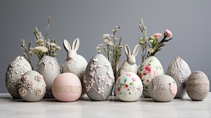 Wall Mural - An elegant array of hand-sewn Easter decorations, including fabric eggs and bunnies, on a soft, powder grey background