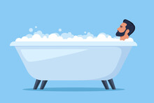Man In Bath. Relaxed Guy In Bathtub With Foam Bubbles. Self Care And Hygiene, Spa And Relaxing. Vector Illustration.