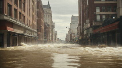 Impact of climate change. Big flood in town. World cataclysm, danger concept.