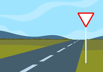 Road sign at side of the empty road. Traffic sign. Road traffic safety. Vector illustration.