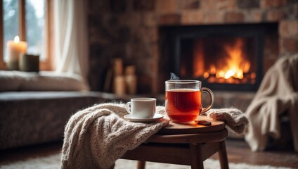 Wall Mural - Hot Tea, Coffee and Candles in a Room with a Fireplace, Winter Themed