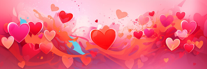 Wall Mural - Colorful red hearts background banner. Valentine's Day. Panoramic web header with copy space. Wide screen wallpaper.
