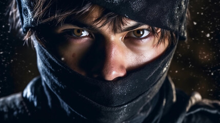  The face of a ninja who is ready before starting his mission. Generative AI.