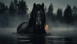 Tenebrist recreation of a black horse half submerged in a deluge