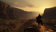 Recreation of a cowboy riding horse in the grand canyon at sunset