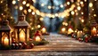 Drewniany podest otoczony lampionami,świecami, lampkami i świątecznymi ozdobami. Świąteczna aranżacja, bożonarodzeniowe tło