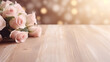 blank wood table top and a blurred bouquet wedding interior. - Valentine's day concept.