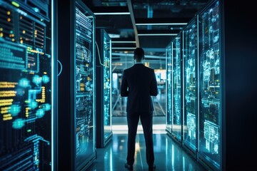 Canvas Print - Back view of businessman standing in server room and looking at big data, Administrator Working With Data Protection Engineering Network for Cyber Security in data center, AI Generated