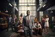 © Iftikhar alam - Business People Meeting Conference Discussion Corporate Concept. Portrait of young African American businessman in suit, African American Businessman Boss With Group, AI Generated