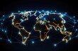 Global network connection on the world map. 3d rendering and illustration, Abstract world network connection on a glowing world map, black background, AI Generated