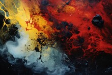 Abstract Background Of Red, Yellow And Black Oil Paint In Water, Abstract Photography, A Molten Metal Liquid Citrine, Red, Dream Of An Empress, Nebula, Blue, Black, Portal, Red, Paint,  AI Generated