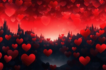 Poster - Valentine's day background with red hearts. 3D illustration, abstract panorama background with red hearts, AI Generated