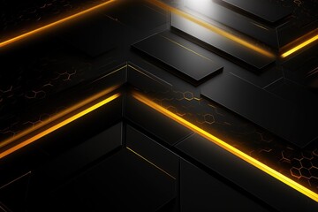 Wall Mural - Abstract black background with glowing lines and hexagons. 3d render, Abstract yellow light arrow on black with hexagon mesh design modern luxury futuristic technology background, AI Generated