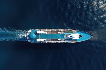 Wall Mural - Aerial view of cargo ship in deep blue sea. 3d rendering, Aerial top down view of a cruise ship bow traveling over blue ocean, AI Generated