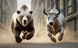 Bear and bull running side by side through a financial district - the two symbolic beasts of finance at a rally