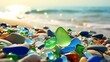 
Colorful gemstones on a beach. Polish textured sea glass and stones on the seashore. Green, blue shiny glass with multi-colored sea pebbles close-up. Beach summer background