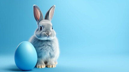 Wall Mural - Easter bunny rabbit with blue painted egg on blue background