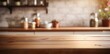 © DELstudio - Generative AI, empty wooden tabletop on blurred modern kitchen background with copy space