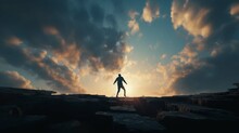 Go Ahead And Continuously Improvement Concept, Silhouette Man Jump On A Cliff From Past To Future With Cloud Sky Background