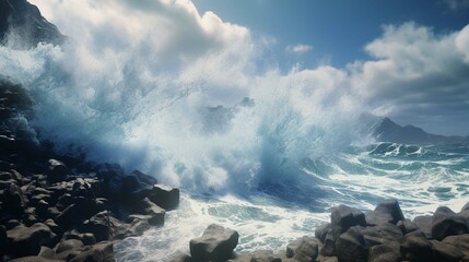  Powerful ocean waves crashing with violence on rocks. The sea meets the shore on the tropical island