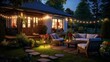 
Summer evening on the patio of beautiful suburban house with lights in the garden garden, digital ai