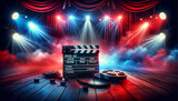 Fototapeta  - Cinematic Movie Set with Clapperboard and Film Reel on Wooden Stage