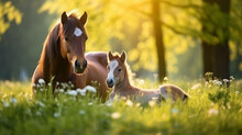 Young Foal With Mother On A Green Lawn In Morning. Cute Horses Family Lying On The Summer Meadow.