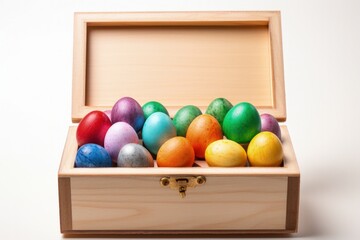 Wall Mural - Wooden box with chocolate eggs, easter holiday concept, white background. Generative AI