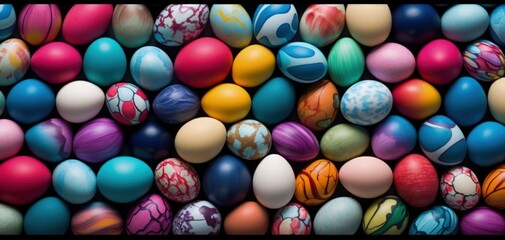 Wall Mural - Background with many beautiful colorful Easter eggs, holiday and parties concept. Generative AI