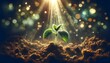 The image displays a young plant sprouting from the soil, bathed in a dramatic beam of light with sparkling particles and bokeh effects in the background, symbolizing growth and new beginnings.