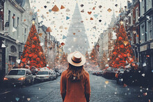 A Woman Is Facing The Holiday Winter Christmas Tree Grunge Banner Background