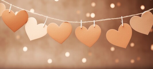 Wall Mural - Happy Valentine's Day Valentine wedding birthday background banner panorama greeting - Beige brown hearts hanging on a string, with bokeh lights in the background