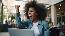 Excited Black Woman Feeling Winner Receiving Good Test Results, Celebrating And Success Concept
