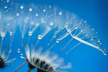  drop of dew on dandelion seeds. macro background blue color. drops of water on the  parachutes of a flower. concept of tranquility a gentle image.