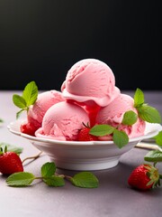 Canvas Print - Plate of strawberry ice cream decorated with mint leaves.